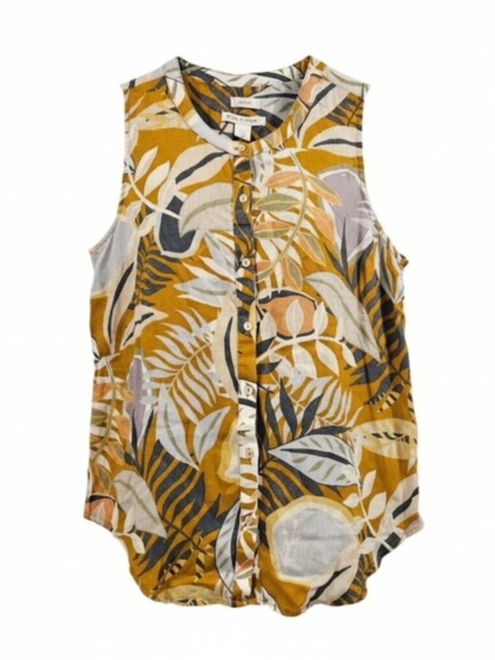 C&C California SZ M 100% Linen Safari Print Sleeveless Roundneck Button Up Shirt